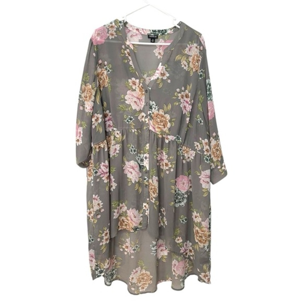 Torrid 2 Grey Floral Chiffon Babydoll‎ Tunic High Low Button Front Boho Romantic